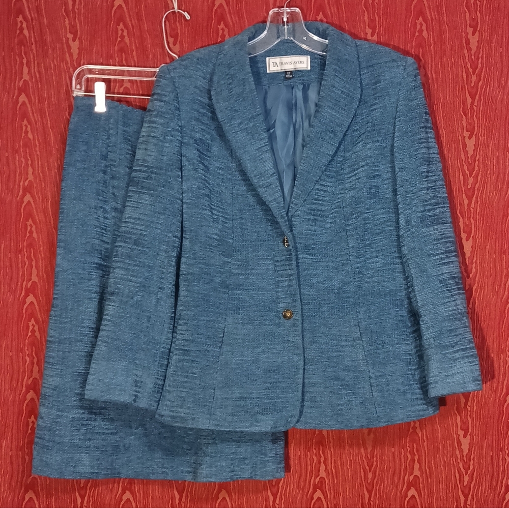 TRAVIS AYERS 2 Piece Blue Long Sleeve Collared Textured Professional Suit Sz 12 - Picture 2 of 12